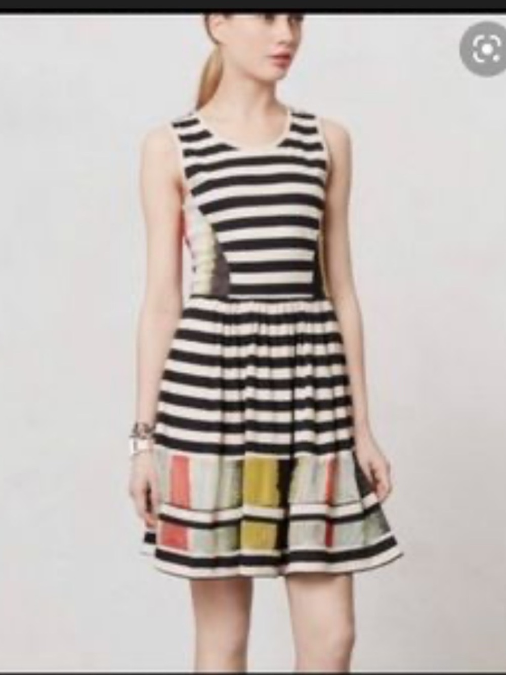Anthropologie Black and Cream Striped Mini Dress with Multicolor Panels